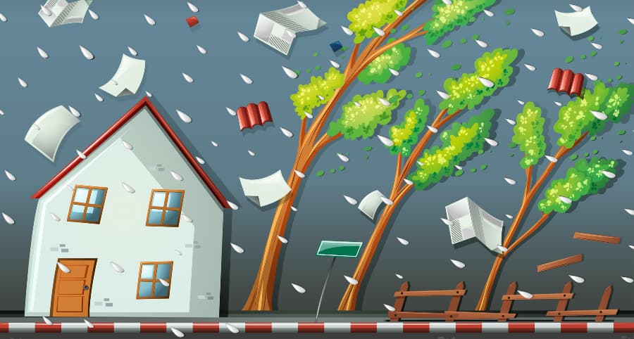 Representation of a storm striking a residence and surrounding environment